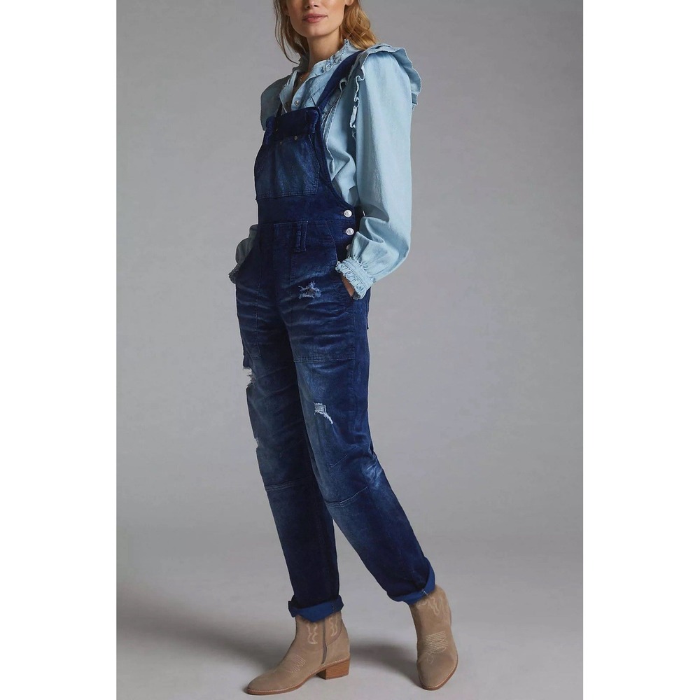 Anthropologie Pilcro  Velvet The Wanderer Overalls Size 27 Blue Distressed $160